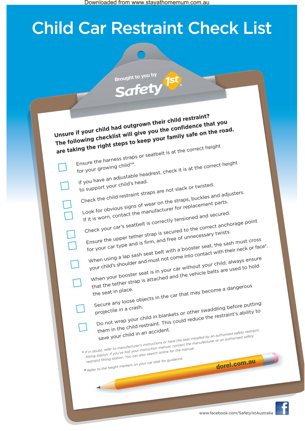 Child Car Restraint Safety Check List