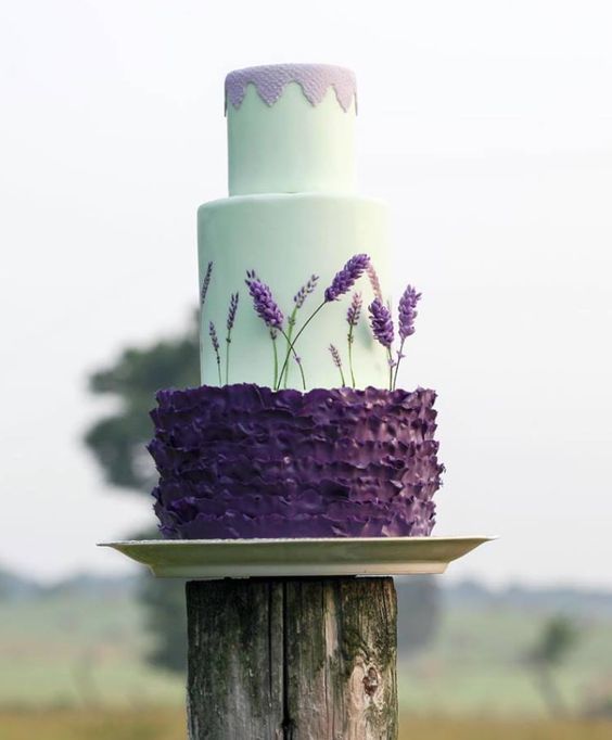 a mint wedding cake with a lavender top and a ruffled violet layer with lavender | Stay at Home Mum.com.au