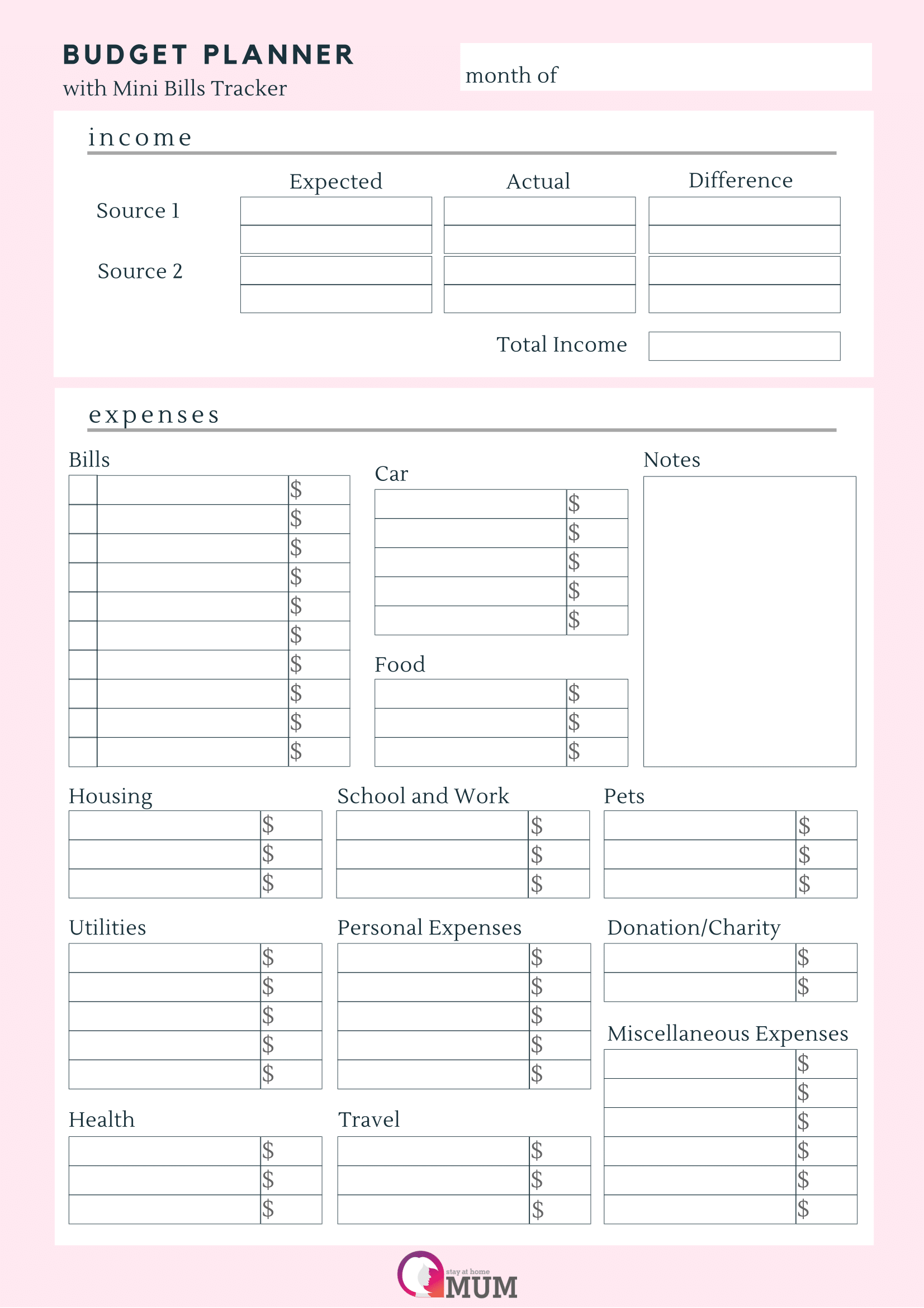 Budget Planner With Mini Bills Tracker Free Printable 