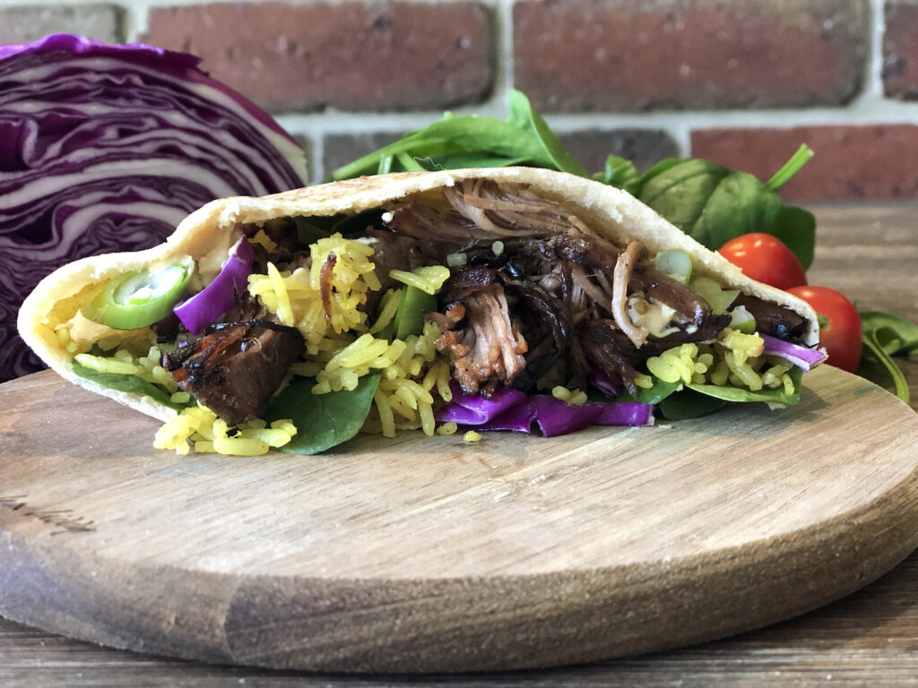 Slow Cooker Balsamic Lamb Pita Pockets with Yellow Spiced Rice Stay