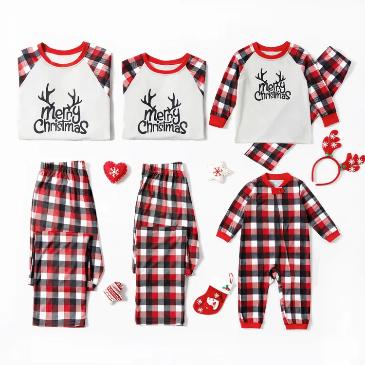 Merry Christmas Letter Print Plaid Family Matching Pajamas Sets | Stay At Home Mum